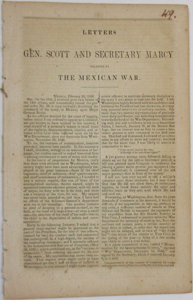 Item #19731 LETTERS OF GEN. SCOTT AND SECRETARY MARCY RELATING TO THE MEXICAN WAR. Winfield Scott.