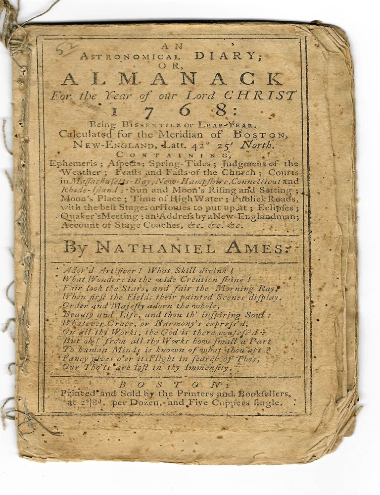 Item #21652 AN ASTRONOMICAL DIARY; OR, ALMANACK FOR THE YEAR OF OUR LORD CHRIST 1768. Nathaniel Ames.