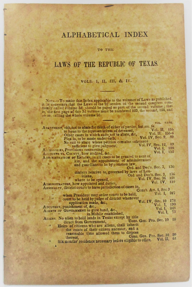 Item #21976 ALPHABETICAL INDEX TO THE LAWS OF THE REPUBLIC OF TEXAS. VOLS. I, II, III, & IV. Texas.