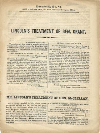 Item #23084 LINCOLN'S TREATMENT OF GEN. GRANT. Abraham Lincoln