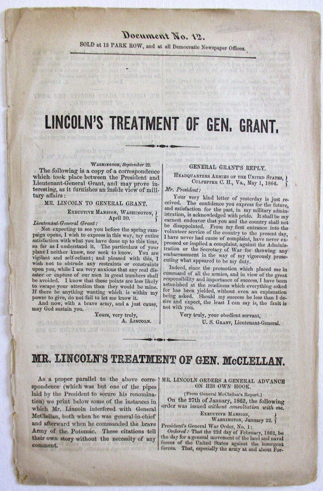 Item #23084 LINCOLN'S TREATMENT OF GEN. GRANT. Abraham Lincoln.