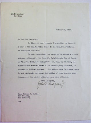 Item #23322 TYPED LETTER SIGNED, TO HON. WILLIAM G. MCADOO, OCTOBER 28, 1919: OCTOBER 28, 1919....