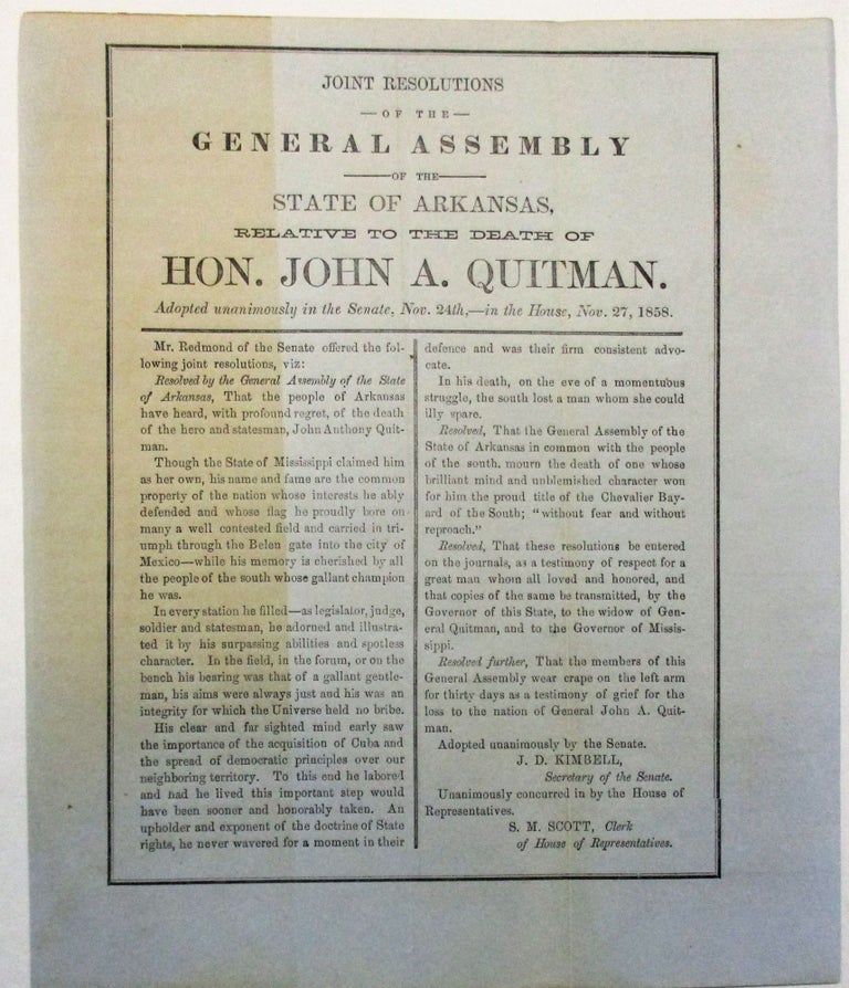 Item #24036 JOINT RESOLUTIONS OF THE GENERAL ASSEMBLY OF THE STATE OF ARKANSAS, RELATIVE TO THE DEATH OF HON. JOHN A. QUITMAN. Arkansas.