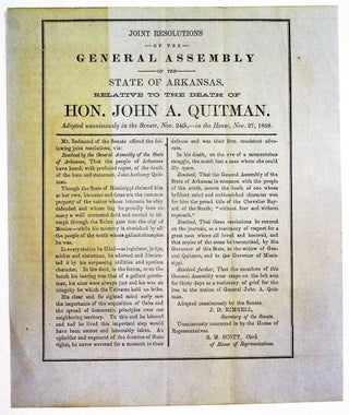 JOINT RESOLUTIONS OF THE GENERAL ASSEMBLY OF THE STATE OF ARKANSAS, RELATIVE TO THE DEATH OF HON. JOHN A. QUITMAN.