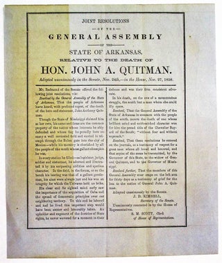 JOINT RESOLUTIONS OF THE GENERAL ASSEMBLY OF THE STATE OF ARKANSAS, RELATIVE TO THE DEATH OF HON. JOHN A. QUITMAN.