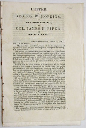 Item #24233 LETTER OF GEORGE W. HOPKINS, OF RUSSELL, TO COL. JAMES H. PIPER, OF WYTHE. CITY OF...