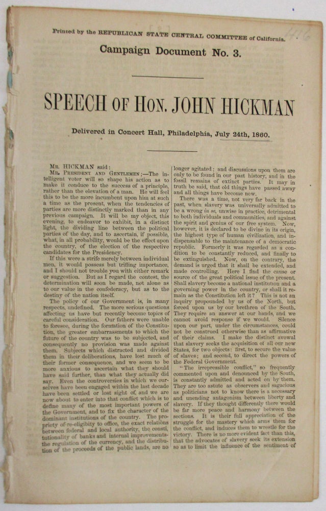 Item #27125 SPEECH OF HON. JOHN HICKMAN DELIVERED IN CONCERT HALL, PHILADELPHIA, JULY 24TH, 1860. John Hickman.