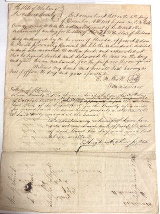 THIS INDENTURE, MADE THE EIGHTEENTH DAY OF JULY IN THE YEAR OF OUR LORD ONE THOUSAND EIGHT HUNDRED AND FIFTY, BETWEEN WILLIAM G. PARISH OF THE FIRST PART, AND SALLY D. LLOYD OF THE SECOND PART, WITNESSETH - THAT THE SAID PARTY OF THE FIRST PART, FOR AND IN CONSIDERATION OF THE SUM OF ONE THOUSAND DOLLARS...CONVEY, UNTO THE SAID PARTY OF THE SECOND PART, AND TO HER HEIRS AND ASSIGNS FOREVER, LOT NUMBER TWO OF SECTION TWENTY FOUR, IN TOWNSHIP TWO, NORTH, OF RANGE THREE EAST, IN THE DISTRICT OF LANDS OFFERED FOR SALE AT TALLAHASSEE IN THE TERRITORY OF FLORIDA CONTAINING ONE HUNDRED AND FIFTY NINE ACRES...