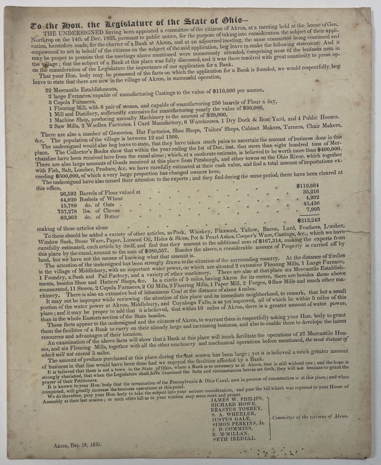 Item #27262 TO THE HON. THE LEGISLATURE OF THE STATE OF OHIO-- THE UNDERSIGNED HAVING BEEN APPOINTED A COMMITTEE OF THE CITIZENS OF AKRON, AT A MEETING HELD AT THE HOUSE OF GEN. NORTHROP ON THE 14TH OF DEC. 1835...FOR THE PURPOSE OF TAKING INTO CONSIDERATION THE SUBJECT OF THEIR APPLICATION, HERETOFORE MADE, FOR THE CHARTER OF A BANK AT AKRON. Bank of Akron.