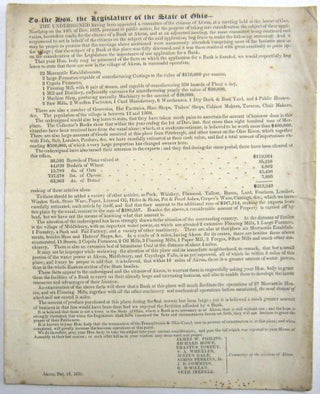 TO THE HON. THE LEGISLATURE OF THE STATE OF OHIO-- THE UNDERSIGNED HAVING BEEN APPOINTED A COMMITTEE OF THE CITIZENS OF AKRON, AT A MEETING HELD AT THE HOUSE OF GEN. NORTHROP ON THE 14TH OF DEC. 1835...FOR THE PURPOSE OF TAKING INTO CONSIDERATION THE SUBJECT OF THEIR APPLICATION, HERETOFORE MADE, FOR THE CHARTER OF A BANK AT AKRON...