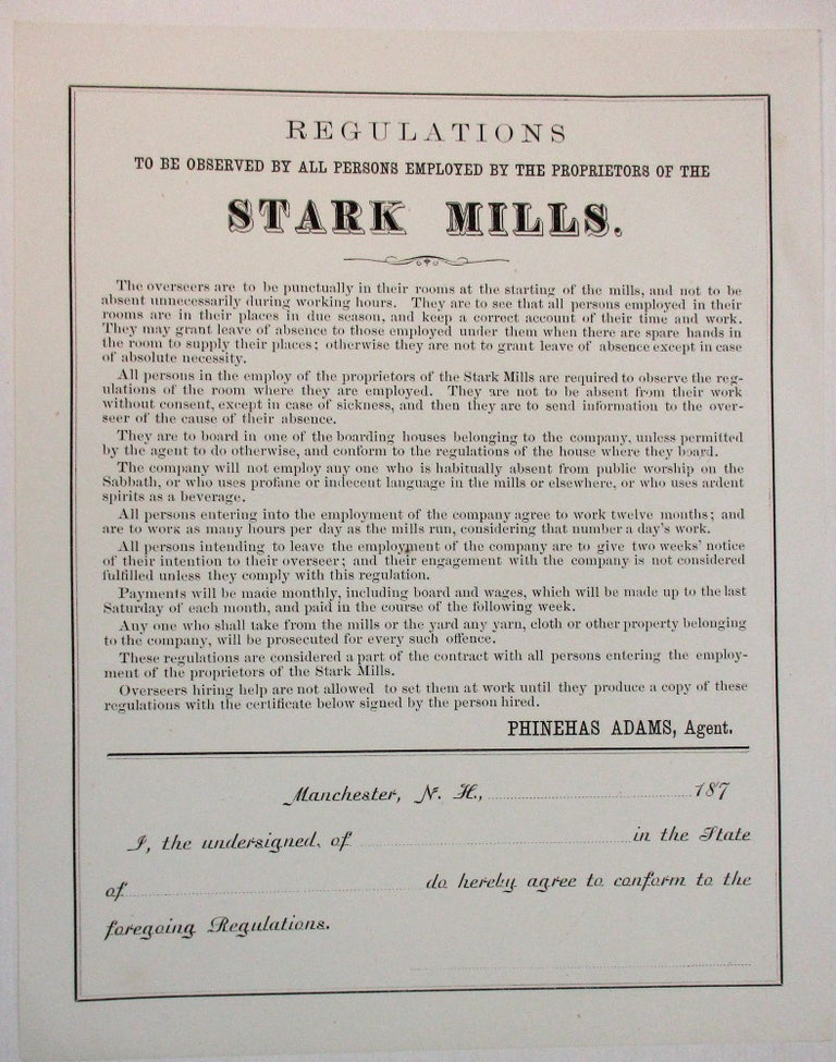 Item #27816 REGULATIONS TO BE OBSERVED BY ALL PERSONS EMPLOYED BY THE PROPRIETORS OF THE STARK MILLS. Stark Mills.