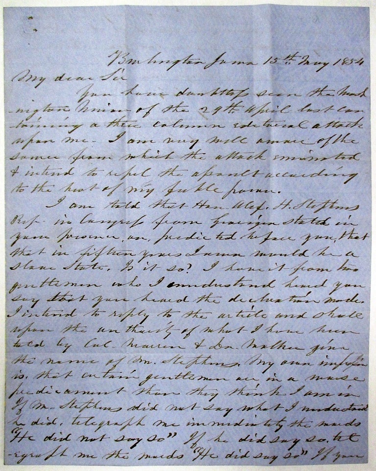 Item #28013 AUTOGRAPH LETTER SIGNED, BY FUTURE IOWA GOVERNOR GRIMES, ON THE KANSAS-NEBRASKA CRISIS, TO COMMISSIONER OF PATENTS CHARLES MASON, MAY 15, 1854. James Grimes, ilson.