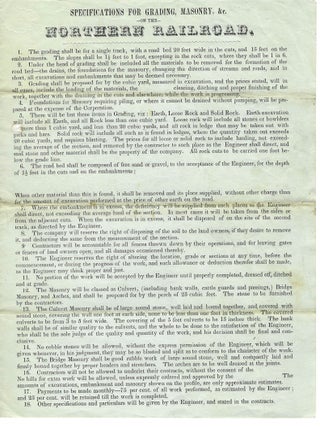 Item #28453 SPECIFICATIONS FOR GRADING, MASONRY, &C. ON THE NORTHERN RAILROAD.| 1. THE GRADING...