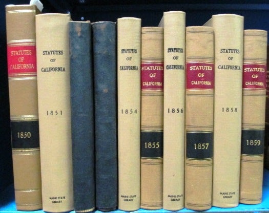 Item #29877 A COMPLETE RUN OF THE FIRST TEN YEARS OF THE EARLIEST CALIFORNIA STATE STATUTES, FROM THE FIRST THROUGH THE TENTH SESSIONS. 1849 THROUGH 1859. California.