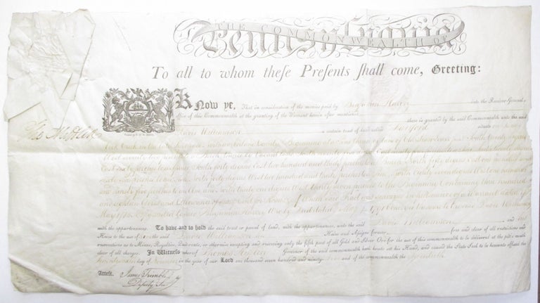 Item #30931 PARTIALLY PRINTED PENNSYLVANIA LAND PATENT, COMPLETED IN MANUSCRIPT, FOR A TRACT OF LAND CALLED 'HARTFORD' IN NORTHUMBERLAND COUNTY, CONVEYED BY THE COMMONWEALTH TO DAVID WILLIAMSON. THE COMMONWEALTH HAD PREVIOUSLY CONVEYED THE TRACT TO BENJAMIN HARVEY, WHO BY DEED OF 1791 THEN CONVEYED THE TRACT TO WILLIAMSON. SIGNED BY GOVERNOR THOMAS MIFFLIN, AND BY JAMES TRIMBLE AS DEPUTY SECRETARY, NOVEMBER 26, 1795. Thomas Mifflin.