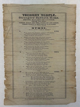 Item #30939 TREMONT TEMPLE. STRANGERS' SABBATH HOME. SERVICES, 10 1-2 AND 3 AND 7 1-2...