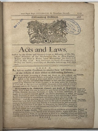 NINE SEPARATE IMPRINTS, BOUND TOGETHER: ACTS PASSED BY THE GREAT AND GENERAL COURT OR ASSEMBLY OF HIS MAJESTY'S PROVINCE OF THE MASSACHUSETTS - BAY IN NEW ENGLAND. 1758-1761.