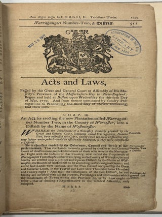 NINE SEPARATE IMPRINTS, BOUND TOGETHER: ACTS PASSED BY THE GREAT AND GENERAL COURT OR ASSEMBLY OF HIS MAJESTY'S PROVINCE OF THE MASSACHUSETTS - BAY IN NEW ENGLAND. 1758-1761.