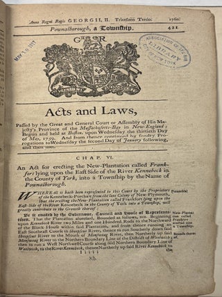 NINE SEPARATE IMPRINTS, BOUND TOGETHER: ACTS PASSED BY THE GREAT AND GENERAL COURT OR ASSEMBLY OF HIS MAJESTY'S PROVINCE OF THE MASSACHUSETTS - BAY IN NEW ENGLAND. 1758-1761.