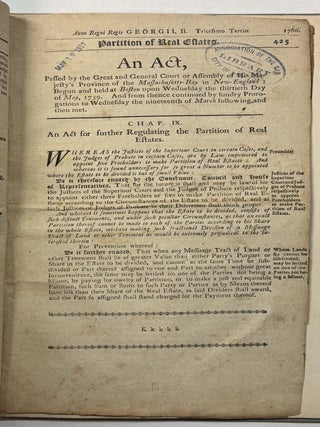 NINE SEPARATE IMPRINTS, BOUND TOGETHER: ACTS PASSED BY THE GREAT AND GENERAL COURT OR ASSEMBLY OF HIS MAJESTY'S PROVINCE OF THE MASSACHUSETTS - BAY IN NEW ENGLAND. 1758-1761.