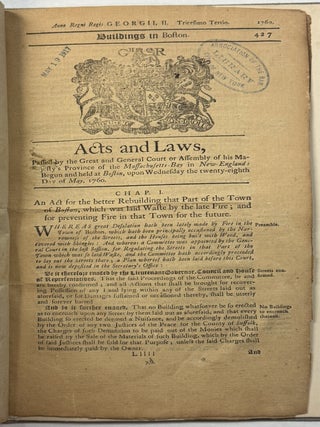 NINE SEPARATE IMPRINTS, BOUND TOGETHER: ACTS PASSED BY THE GREAT AND GENERAL COURT OR ASSEMBLY OF HIS MAJESTY'S PROVINCE OF THE MASSACHUSETTS - BAY IN NEW ENGLAND. 1758-1761.