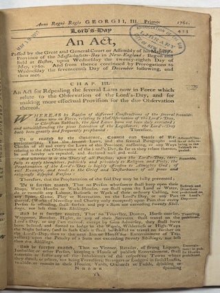 NINE SEPARATE IMPRINTS, BOUND TOGETHER: ACTS PASSED BY THE GREAT AND GENERAL COURT OR ASSEMBLY OF HIS MAJESTY'S PROVINCE OF THE MASSACHUSETTS - BAY IN NEW ENGLAND. 1758-1761.