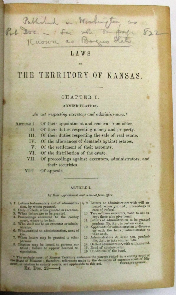 Item #32498 A GROUP OF EARLY KANSAS TERRITORIAL LAWS, 1856-1860. Kansas.