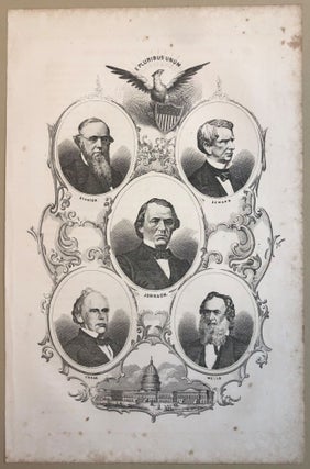 Item #32957 ENGRAVING OF ANDREW JOHNSON, SURROUNDED BY STANTON, SEWARD, CHASE, AND WELLS. Duval P. S