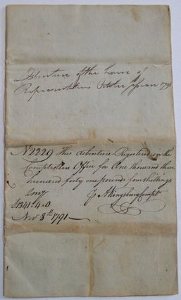 DEBENTURE OF THE HOUSE OF REPRESENTATIVES OCTOBER SESSION 1791. N2229 THIS DEBENTURE REGISTERED IN THE COMPTROLLERS OFFICE FOR ONE THOUSAND THREE HUNDRED FORTY ONE POUNDS FOUR SHILLINGS. J.A. KINGSBURY COMPTR. NOV. 8, 1791.