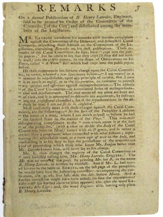 Item #33277 REMARKS ON A SECOND PUBLICATION OF B. HENRY LATROBE, ENGINEER, SAID TO BE PRINTED BY...