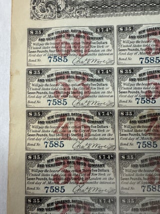 RAILROAD MORTGAGE BOND: NO. 7585| NEW ORLEANS, BATON ROUGE & VICKSBURG RAILROAD COMPANY. FIRST MORTGAGE SEVEN PER CENT. LAND GRANT AND SINKING FUND GOLD BOND. | $1,000 or L200.| PRINCIPAL PAYABLE SEPTEMBER 1ST, 1902. INTEREST PAYABLE MARCH 1ST AND SEPT. 1ST, IN NEW YORK OR LONDON AS HOLDER MAY ELECT. TRUSTEES CERTIFICATE. THE UNION TRUST COMPANY HEREBY CERTIFIES THAT THIS IS ONE OF A SERIES OF TWELVE THOUSAND BONDS REFERRED TO IN THE WITHIN MENTIONED ACT OF MORTGAGE. UNION TRUST COMPANY OF NEW YORK, BY... PRESIDENT.