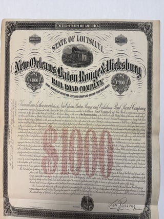 RAILROAD MORTGAGE BOND: NO. 7585| NEW ORLEANS, BATON ROUGE & VICKSBURG RAILROAD COMPANY. FIRST MORTGAGE SEVEN PER CENT. LAND GRANT AND SINKING FUND GOLD BOND. | $1,000 or L200.| PRINCIPAL PAYABLE SEPTEMBER 1ST, 1902. INTEREST PAYABLE MARCH 1ST AND SEPT. 1ST, IN NEW YORK OR LONDON AS HOLDER MAY ELECT. TRUSTEES CERTIFICATE. THE UNION TRUST COMPANY HEREBY CERTIFIES THAT THIS IS ONE OF A SERIES OF TWELVE THOUSAND BONDS REFERRED TO IN THE WITHIN MENTIONED ACT OF MORTGAGE. UNION TRUST COMPANY OF NEW YORK, BY... PRESIDENT.