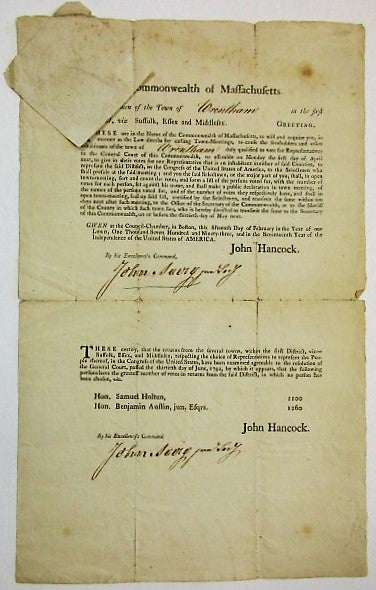 Item #34090 COMMONWEALTH OF MASSACHUSETTS. TO THE SELECTMEN OF THE TOWN OF [WRENTHAM] IN THE FIRST DISTRICT, VIZ SUFFOLK, ESSEX, AND MIDDLESEX. GREETING. THESE ARE IN THE NAME OF THE COMMONWEALTH OF MASSACHUSETTS, TO WILL AND REQUIRE YOU, IN THE MANNER AS THE LAW DIRECTS FOR CALLING TOWN-MEETINGS, TO CAUSE THE FREEHOLDERS AND OTHER INHABITANTS OF THE TOWN OF. Massachusetts.