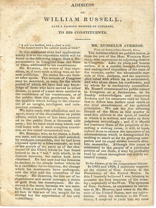 Item #34362 ADDRESS OF WILLIAM RUSSELL, LATE A JACKSON MEMBER OF CONGRESS, TO HIS CONSTITUENTS....