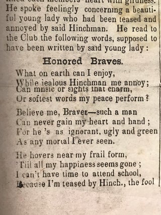 PUBLIC, READ! | AT THE SECOND MEETING OF THE CLUB OF BRAVES, HELD AT THE RESIDENCE OF RASTAS SPOTTEDHORSE, ON THE NIGHT OF THE 3D INST., ON MOTION, SANOHHIA ENOCH WAS CALLED TO THE CHAIR, AND CHALESTIA FREDQUICK APPOINTED SECRETARY...