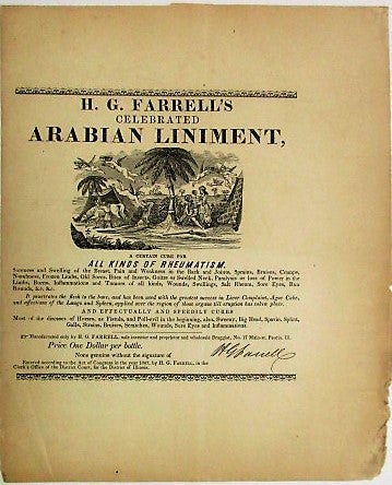 Item #35137 H.G. FARRELL'S CELEBRATED ARABIAN LINIMENT. A CERTAIN CURE FOR ALL KINDS OF RHEUMATISM. H. G. Farrell.