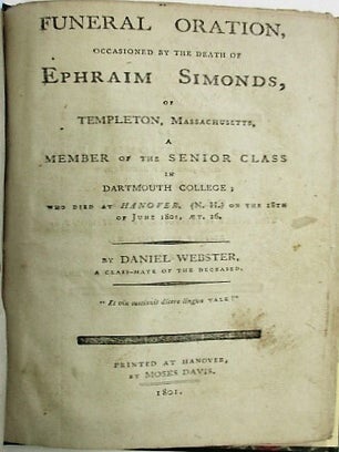 Item #35176 FUNERAL ORATION, OCCASIONED BY THE DEATH OF EPHRAIM SIMONDS, OF TEMPLETON,...