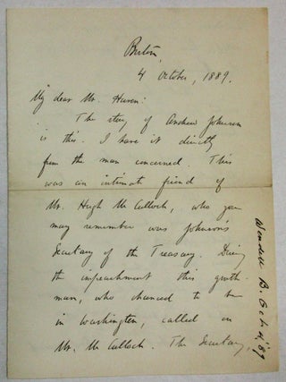 Item #35220 AUTOGRAPH LETTER SIGNED, DATED AT BOSTON, OCTOBER 4, 1889, FROM BARRETT WENDELL TO...