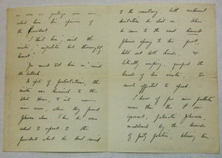 AUTOGRAPH LETTER SIGNED, DATED AT BOSTON, OCTOBER 4, 1889, FROM BARRETT WENDELL TO "MY DEAR MR. HAVEN," DESCRIBING PRESIDENT ANDREW JOHNSON'S DISTRAUGHT STATE DURING THE IMPEACHMENT PROCEEDINGS: "THE STORY OF ANDREW JOHNSON IS THIS. I HAVE IT DIRECTLY FROM THE MAN CONCERNED. THIS WAS AN INTIMATE FRIEND OF MR. HUGH MCCULLOCH, WHO YOU MAY REMEMBER WAS JOHNSON'S SECRETARY OF THE TREASURY. DURING THE IMPEACHMENT THIS GENTLEMAN, WHO CHANCED TO BE IN WASHINGTON, CALLED ON MR. MCCULLOCH. THE SECRETARY . . . ASKED HIM HIS OPINION OF THE PRESIDENT. " 'I THINK HIM,' SAID THE VISITOR, 'IMPOLITIC BUT THOROUGHLY HONEST.' 'YOU MUST TELL HIM SO,' SAID MR. MCCULLOCH. "IN SPITE OF PROTESTATIONS, THE VISITOR WAS HURRIED TO THE WHITE HOUSE & INTO SOME INNER ROOM, WHERE THEY FOUND JOHNSON ALONE. THERE HE WAS ASKED TO REPEAT TO THE PRESIDENT WHAT HE HAD SAID TO THE SECRETARY. WITH NATURAL HESITATION HE DID SO. WHEN HE CAME TO THE WORD 'HONEST' JOHNSON SPRANG TO HIS FEET, HELD OUT BOTH HANDS, & LITERALLY WEEPING, GRASPED THE HANDS OF THE VISITOR, TOO MUCH AFFECTED TO SPEAK. "I KNOW OF FEW MORE PATHETIC SCENES THAN THIS... IGNORANT, PATRIOTIC JOHNSON, MADDENED BY THE HOUNDS OF PARTY POLITICS, BELIEVING HIM SELF DOOMED TO STAND ALONE FOR WHAT HE BELIEVED RIGHT, & ACTUALLY AFFECTED BEYOND THE RANGE OF SPEECH BY THE MEETING WITH A SINGLE MAN WHO WAS WILLING TO AVOW BELIEF IN HIS HONESTY. JOHNSON, YOU REMEMBER, WOULD NOT DISAVOW THE UNION WHEN THE SECESSIONISTS OF TENNESSEE PUT A ROPE AROUND HIS NECK. A VULGAR FELLOW HE WAS NO DOUBT - A COMMON MAN OF THE COMMON PEOPLE. BUT IN THE END, I BELIEVE, HE WILL BE RECOGNIZED AS ONE WHO DID HIS BEST. SINCERELY YOURS, BARRETT WENDELL"