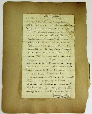 AUTOGRAPH LETTER SIGNED, ON PLAIN LINED PAPER, TO E.B. FRENCH, DATED AT HAMPDEN [MAINE], AUGUST 19, 1861, ASKING FOR HELP IN SECURING A CAPTAIN'S COMMISSION FOR J.C. PETERSON: "I DESIRE TO ASK A PERSONAL FAVOR OF YOU. IT IS FOR YOU TO SEE THE SECY OR AST SECY OF WAR, FOR ME, IN THE CASE I WILL STATE, AND YOU WILL SUBMIT THIS LETTER TO THE SECY. I FEAR IF I WRITE AN ORDINARY LETTER, IT MAY BE OVERLOOKED IN THE PRESS OF BUSINESS AND HENCE I ASK YOUR IMMEDIATE PERSONAL ATTENTION TO IT. "I INTENDED TO RECOMMEND J.C. PETERSON, A NATIVE OF N.Y. BUT NOW A PHYSICIAN AT ST. JOHN N.B. FOR A CAPT IN THE ARMY. I SUPPOSED I DID SO, BUT J.C. PATTERSON - NOT PETERSON, HAS BEEN NOMINATED & CONFIRMED A CAPT. THERE IS NO SUCH MAN. THERE MUST THEREFORE BE A VACANCY IN THAT PLACE OF CAPT. AS THERE IS NO J.C. PATTERSON TO ACCEPT. HENCE I SUPPOSE J.C. PETERSON CAN BE APPOINTED AND COMMISSIONED TO SUPPLY THAT VACANCY, AND HIS NOMINATION SENT TO THE SENATE AT THE NEXT SESSION. I WANT IT DONE AT ONCE BECAUSE I INFORMED PETERSON THAT HE WOULD BE APPOINTED, AS THE SECY SAID I MIGHT AND IT IS ONLY A MISTAKE IN THE NAME THAT HE WAS NOT. HE IS A SURVEYOR AND PHYSICIAN AND HE AT ONCE SOLD OUT AND IS READY FOR THE SERVICE. A MOST CAPITAL MAN - NONE BETTER - HE WAS EDUCATED AT WEST POINT. "I APPEAL TO THE SECY TO CORRECT THIS, AND TO YOU TO AID ME, AS IT IS DUE TO PETERSON, AND IS I SUPPOSE OWING TO MY GIVING THE WRONG NAME. LET ME HEAR FROM YOU. YOURS TRULY H. HAMLIN".