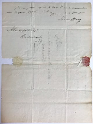 AUTOGRAPH LETTER SIGNED, DATED WASHINGTON, 29 MARCH 1824, FROM NEW YORK CONGRESSMAN JAMES STRONG TO FUTURE CONGRESSMAN AND JUDGE AARON VANDERPOEL, ESQ. OF KINDERHOOK, NEW YORK, COMMENTING ON THE UPCOMING PRESIDENTIAL ELECTION: "... I CANNOT TELL YOU WHO WILL BE PRESIDENT. I SUPPOSE NO MORTAL CAN TELL. ONE OF OUR MEMBERS TOLD ME TODAY THAT VIRGINIA WOULD GIVE UP MR. CRAWFORD IF N.Y. DID NOT GO FOR HIM. THIS MUST BE TAKEN WITH SOME GRAINS OF ALLOWANCE. VIRGINIA IS MUCH DIVIDED - AND SHE IS IN A FAIR WAY TO BE IN AS FINE A PICKLE AS N.Y. YOU KNOW I HAVE LITTLE CHOICE BETWEEN THE FOUR. I AM CLEAR FOR ONE THING - IF WE DO NOT HAVE A NORTHERN PRESIDENT - I AM FOR HAVING THEM BOTH, NAMELY, THE PRESIDENT AND VICE PRESIDENT SOUTH OF THE POTOMAC & OHIO. IF WE HAVE NOT WIT ENOUGH TO PUT OUR HEADS TOGETHER AND MAKE A PRESIDENT AT THIS TIME OF OUR OWN LIKING, WE NEVER SHALL DO IT, UNTIL WE HAVE LEARNED WISDOM IN OUR FOLLY. "IF MR. ADAMS CAN GET THE VOTE OF N.Y., IT IS THE BETTER OPINION HERE, THAT HE WILL STAND THE BEST CHANCE OF BEING ELECTED. NEXT IN ORDER GEN. JACKSON, MR. CRAWFORD, & MR. CLAY. "I AM NOT ABLE TO SAY WHETHER OR NOT IT IS BEST TO KEEP UP THE OLD ORGANIZATION IN THE COUNTRY? THIS MUST BE DETERMINED BY THE TEMPER, SPIRIT AND WISHES OF THE PEOPLE. ONE THING I CAN SAY. THE DEMOCRATIC PARTY HAS DIVIDED UPON THE QUESTION OF PRESIDENT, AND I HAVE NO DOUBT THIS DIVISION IS IRRECONCILABLE. THE BREACH IS DAILY GROWING WIDER. IT MUST INEVITABLY RESULT IN TWO GREAT NATIONAL PARTIES. THEY DIFFER NOT ONLY ABOUT MEN- BUT THEY ALREADY BEGIN TO DIFFER ABOUT MEASURES. AN ATTENTIVE EXAMINATION OF THESE THINGS MAY SERVE TO INDICATE THE PRESENT CAUSE. WHATEVER MAY BE THAT COURSE, FRIENDS SHOULD GO TOGETHER "I HAVE BEEN INFORMED FROM OTHER QUARTERS ALSO THAT W.C.L. INTENDED TO BE MY SUCCESSOR. WELL, I SHALL NOT QUARREL ABOUT IT. I OWN I SHOULD LIKE TO BE CONTINUED HERE- BUT IF THE PEOPLE PREFER HIM OR ANY OTHER ONE TO ME, I AM CONTENT..." .