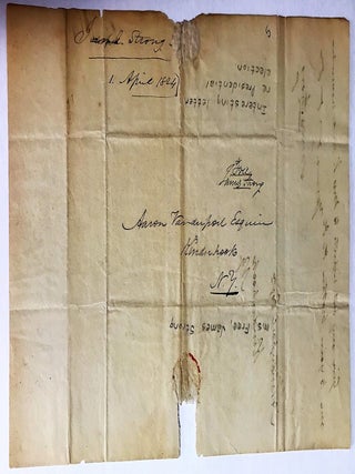 AUTOGRAPH LETTER SIGNED, DATED WASHINGTON, 29 MARCH 1824, FROM NEW YORK CONGRESSMAN JAMES STRONG TO FUTURE CONGRESSMAN AND JUDGE AARON VANDERPOEL, ESQ. OF KINDERHOOK, NEW YORK, COMMENTING ON THE UPCOMING PRESIDENTIAL ELECTION: "... I CANNOT TELL YOU WHO WILL BE PRESIDENT. I SUPPOSE NO MORTAL CAN TELL. ONE OF OUR MEMBERS TOLD ME TODAY THAT VIRGINIA WOULD GIVE UP MR. CRAWFORD IF N.Y. DID NOT GO FOR HIM. THIS MUST BE TAKEN WITH SOME GRAINS OF ALLOWANCE. VIRGINIA IS MUCH DIVIDED - AND SHE IS IN A FAIR WAY TO BE IN AS FINE A PICKLE AS N.Y. YOU KNOW I HAVE LITTLE CHOICE BETWEEN THE FOUR. I AM CLEAR FOR ONE THING - IF WE DO NOT HAVE A NORTHERN PRESIDENT - I AM FOR HAVING THEM BOTH, NAMELY, THE PRESIDENT AND VICE PRESIDENT SOUTH OF THE POTOMAC & OHIO. IF WE HAVE NOT WIT ENOUGH TO PUT OUR HEADS TOGETHER AND MAKE A PRESIDENT AT THIS TIME OF OUR OWN LIKING, WE NEVER SHALL DO IT, UNTIL WE HAVE LEARNED WISDOM IN OUR FOLLY. "IF MR. ADAMS CAN GET THE VOTE OF N.Y., IT IS THE BETTER OPINION HERE, THAT HE WILL STAND THE BEST CHANCE OF BEING ELECTED. NEXT IN ORDER GEN. JACKSON, MR. CRAWFORD, & MR. CLAY. "I AM NOT ABLE TO SAY WHETHER OR NOT IT IS BEST TO KEEP UP THE OLD ORGANIZATION IN THE COUNTRY? THIS MUST BE DETERMINED BY THE TEMPER, SPIRIT AND WISHES OF THE PEOPLE. ONE THING I CAN SAY. THE DEMOCRATIC PARTY HAS DIVIDED UPON THE QUESTION OF PRESIDENT, AND I HAVE NO DOUBT THIS DIVISION IS IRRECONCILABLE. THE BREACH IS DAILY GROWING WIDER. IT MUST INEVITABLY RESULT IN TWO GREAT NATIONAL PARTIES. THEY DIFFER NOT ONLY ABOUT MEN- BUT THEY ALREADY BEGIN TO DIFFER ABOUT MEASURES. AN ATTENTIVE EXAMINATION OF THESE THINGS MAY SERVE TO INDICATE THE PRESENT CAUSE. WHATEVER MAY BE THAT COURSE, FRIENDS SHOULD GO TOGETHER "I HAVE BEEN INFORMED FROM OTHER QUARTERS ALSO THAT W.C.L. INTENDED TO BE MY SUCCESSOR. WELL, I SHALL NOT QUARREL ABOUT IT. I OWN I SHOULD LIKE TO BE CONTINUED HERE- BUT IF THE PEOPLE PREFER HIM OR ANY OTHER ONE TO ME, I AM CONTENT..." .