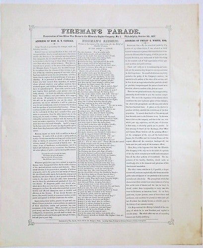 Item #35307 FIREMAN'S PARADE. PRESENTATION OF TWO SILVER FIRE HORNS TO THE HIBERNIA ENGINE COMPANY, NO. 1. PHILADELPHIA, OCTOBER 5TH, 1857. Hibernia Fire Engine Company.