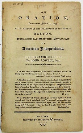 Item #36159 AN ORATION, PRONOUNCED JULY 4, 1799, AT THE REQUEST OF THE INHABITANTS OF THE TOWN OF...