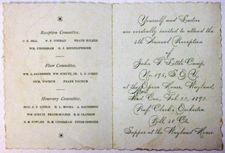 INVITATION TO THE 5TH ANNUAL RECEPTION OF THE JOHN F. LITTLE CAMP, NO. 195, SONS OF VETERANS, TO BE HELD ON FEBRUARY 22, 1892, AT THE OPERA HOUSE IN WAYLAND, NEW YORK, WITH PROF. CLARK'S ORCHESTRA APPEARING, SUPPER TO BE HELD AT THE WAYLAND HOUSE.