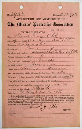 Item #36550 APPLICATION FOR MEMBERSHIP IN THE MINERS' PROTECTIVE ASSOCIATION, DATED AT CRIPPLE...