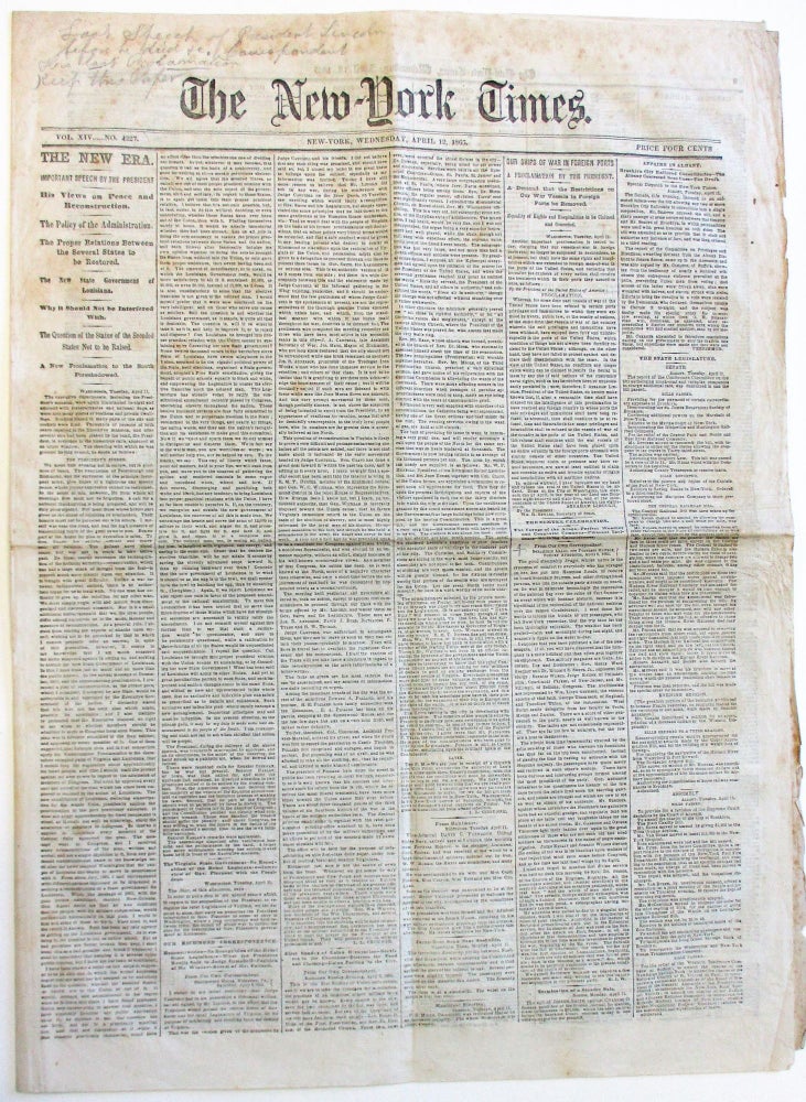 Item #36639 PRESIDENT LINCOLN'S "LAST PUBLIC ADDRESS," THE EVENING OF 11 APRIL 1865, PRINTED IN THE NEW-YORK TIMES, WEDNESDAY, APRIL 12, 1865. Abraham Lincoln.