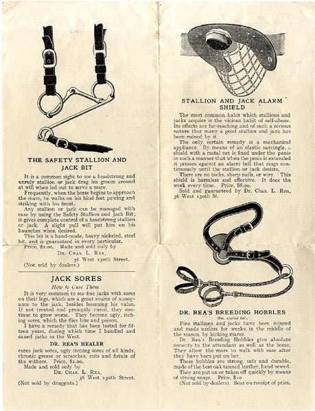 Item #36674 ILLUSTRATED BROCHURE ADVERTISING DR. CHARLES L. REA'S HORSE RELATED PRODUCTS FOR 1904, INCLUDING AN ANTI-MASTURBATION DEVICE KNOWN AS THE "STALLION AND JACK ALARM SHIELD, "THE ONLY CERTAIN REMEDY" TO KEEP STALLIONS AND JACKS FROM "SELF-ABUSE"; "VIGOR TABLETS" FOR SLOW STALLIONS OR JACKS WHICH IS A "NERVE AND SEXUAL FOOD OR TONIC"; "DR. REA'S BREEDING HOBBLES"; DR. REA'S "STALLION SERVICE BOOK" ON THE CARE AND MANAGEMENT OF STALLIONS AND JACKS; AND MORE. Dr. Chas. L. Rea.