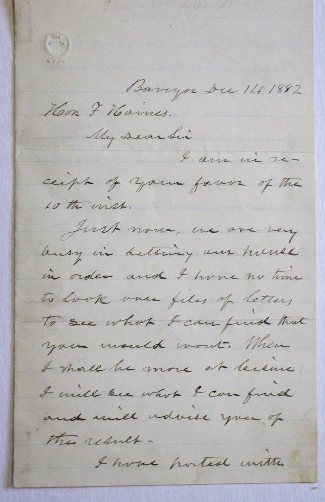 Item #36689 AUTOGRAPH LETTER SIGNED, FROM BANGOR MAINE, 14 DECEMBER 1882, TO F[ERGUSON] HAINES, PROMINENT BIDDEFORD AND PORTLAND MANUFACTURER AND NUMISMATIST, CONCERNING LETTERS FROM ABRAHAM LINCOLN PURPORTEDLY IN HAMLIN'S POSSESSION. Hannibal Hamlin.