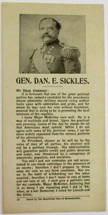 Item #36788 GEN. DAN. E. SICKLES. MY DEAR COMRADE. Republican Club of Massachusetts